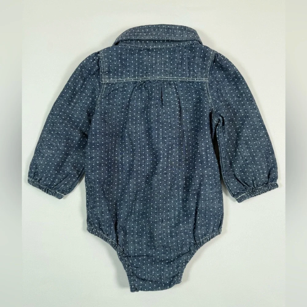 BABY GAP Chambray Polka Dot Romper Button Front Long Sleeve Bodysuit‎ Size 3-6M